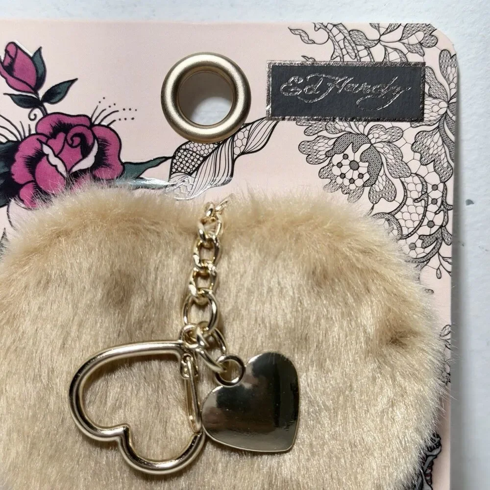 Ed Hardy Faux Fur Heart Compact Double-side Mirror Keychain Y2K New In Package